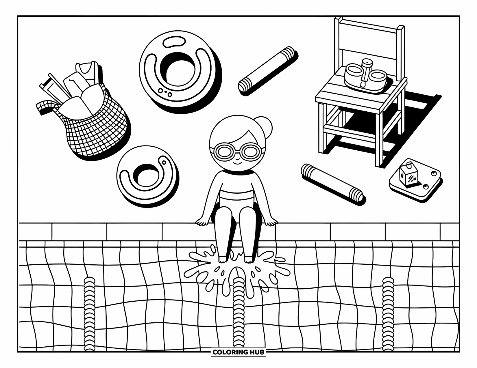 Sport Coloring Page for Adults: Character with goggles splashes feet playfully by the pool