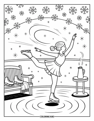 Coloriage de sport pour adultes : Une patineuse artistique tourne en l'air entourée de flocons scintillants