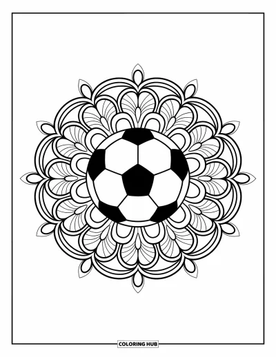 Coloriage de sport pour adultes : Un mandala floral entourant un ballon de football aux traits marqués
