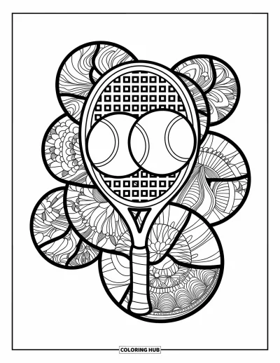 Coloriage de sport pour adultes : Un cadre en vitrail floral avec une raquette de tennis et des balles