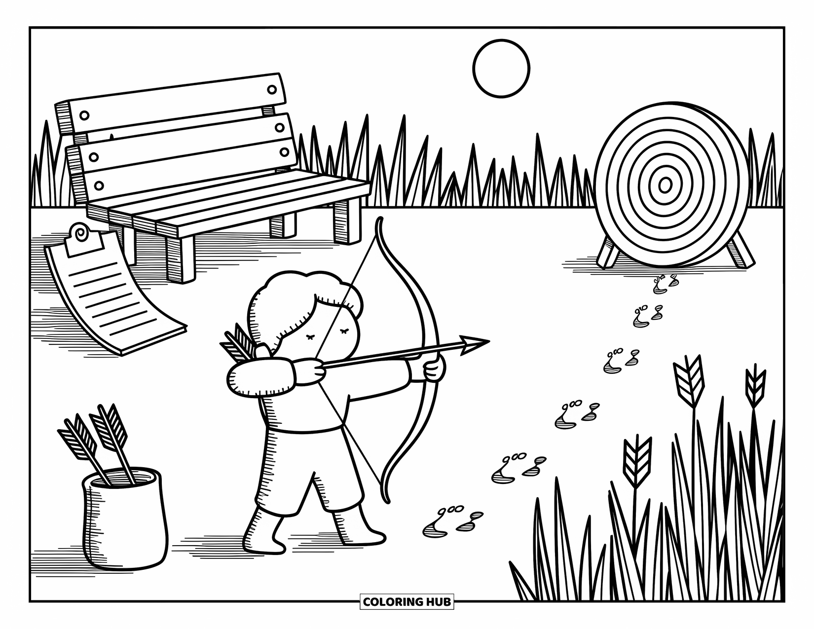 Sport Coloring Page for Adults: Focused archer aims at target with arrows nearby