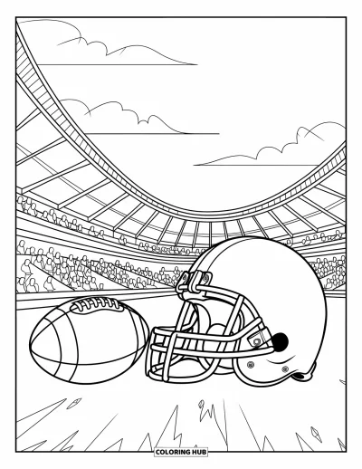 Coloriage de sport pour adultes : Un casque et un ballon de football américain dans un vitrail de stade