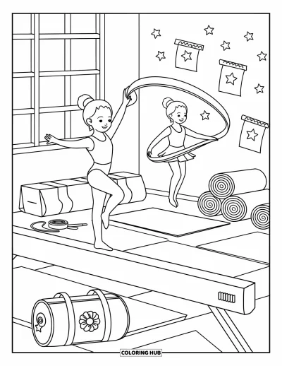 Coloriage de sport pour adultes : Une gymnaste en équilibre sur la poutre tandis qu'une danseuse au ruban tourbillonne