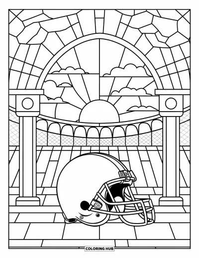 Coloriage de sport pour adultes : Un casque et un ballon dans un stade avec des arches en vitrail