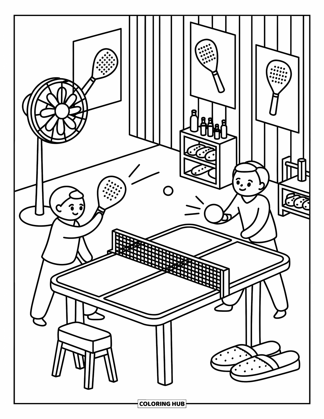 Sport Coloring Page for Adults: Paddleball players ready to serve with ball mid-air