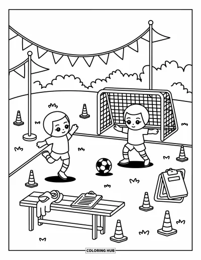 Coloriage de sport pour adultes : Un match de football animé avec ballon, filet et petits cônes