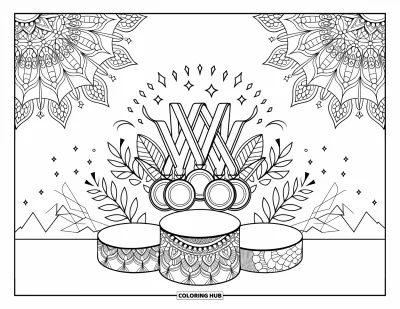 Coloriage de sport pour adultes : Un podium avec des médailles encadré de feux d'artifice en mandala et de feuillages