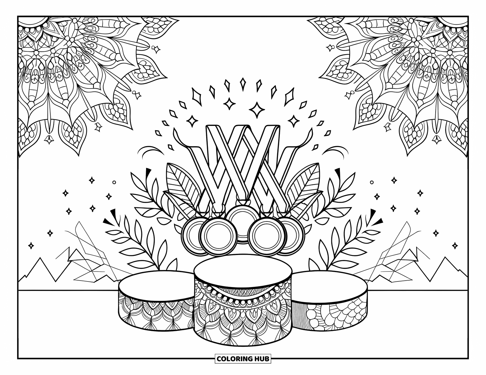 Sport Coloring Page for Adults: Podium with medals framed by mandala fireworks and leaves