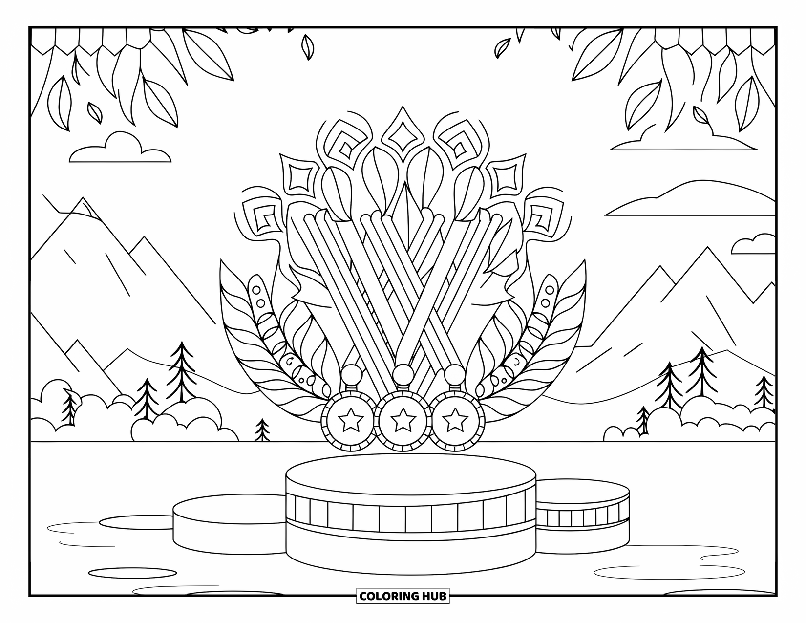 Sport Coloring Page for Adults: Podium with medals set against mountains and trees