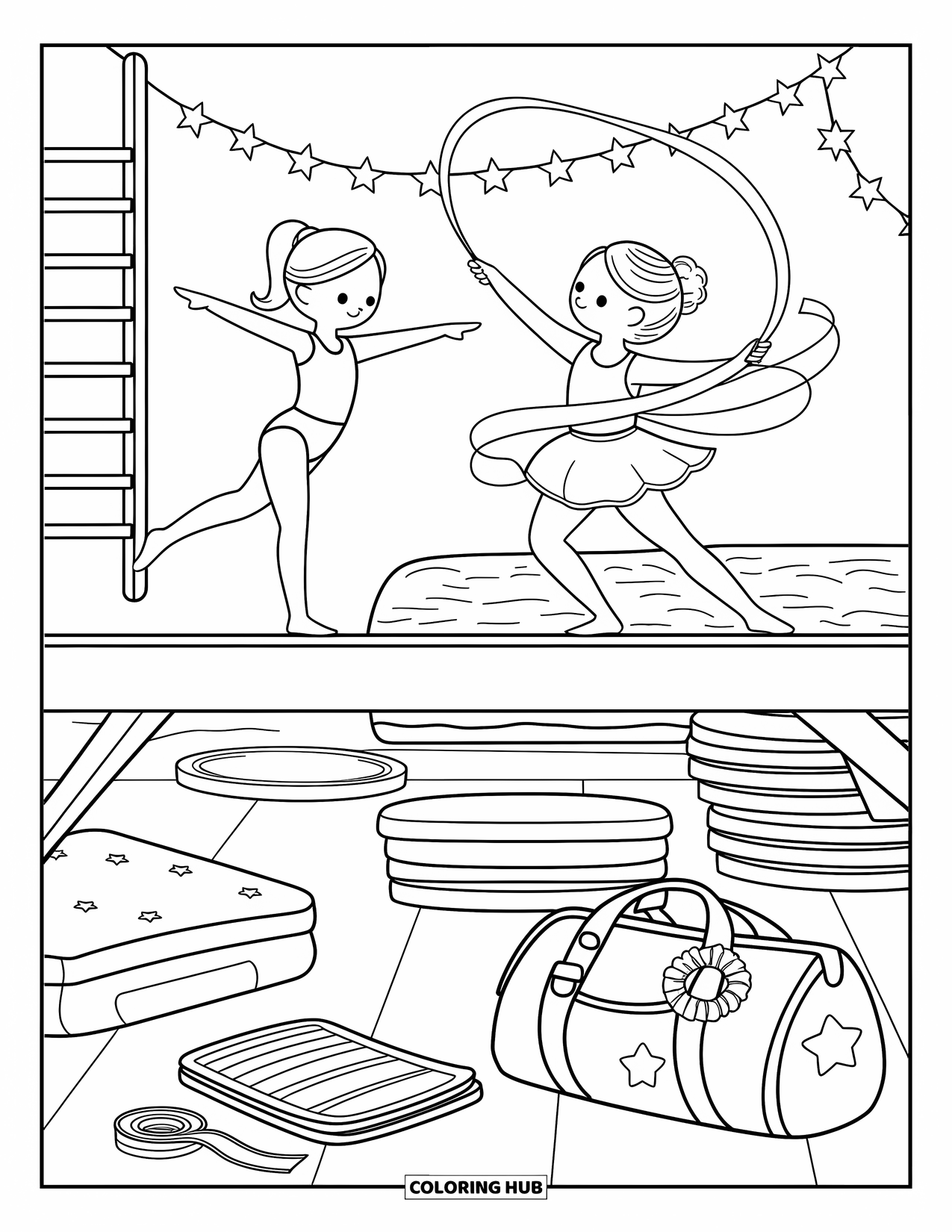 Sport Coloring Page for Adults: Practice gym with gymnast on beam and ribbon dancer