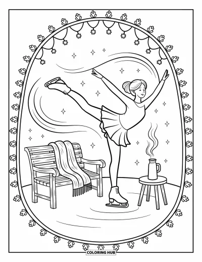 Coloriage de sport pour adultes : Une patineuse tourne gracieusement sur la glace entourée de flocons de neige