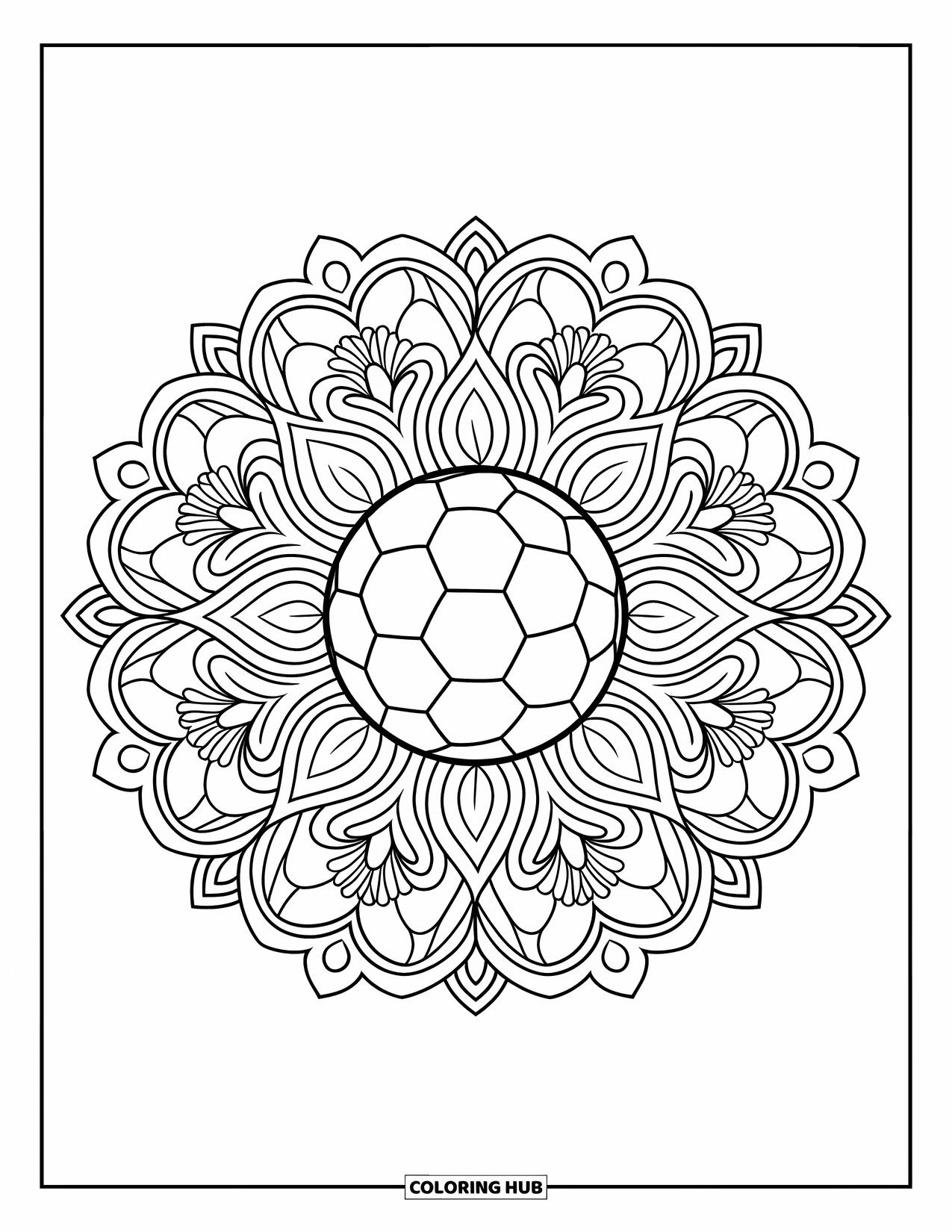 Sport Coloring Page for Adults: Soccer ball centered in floral mandala pattern