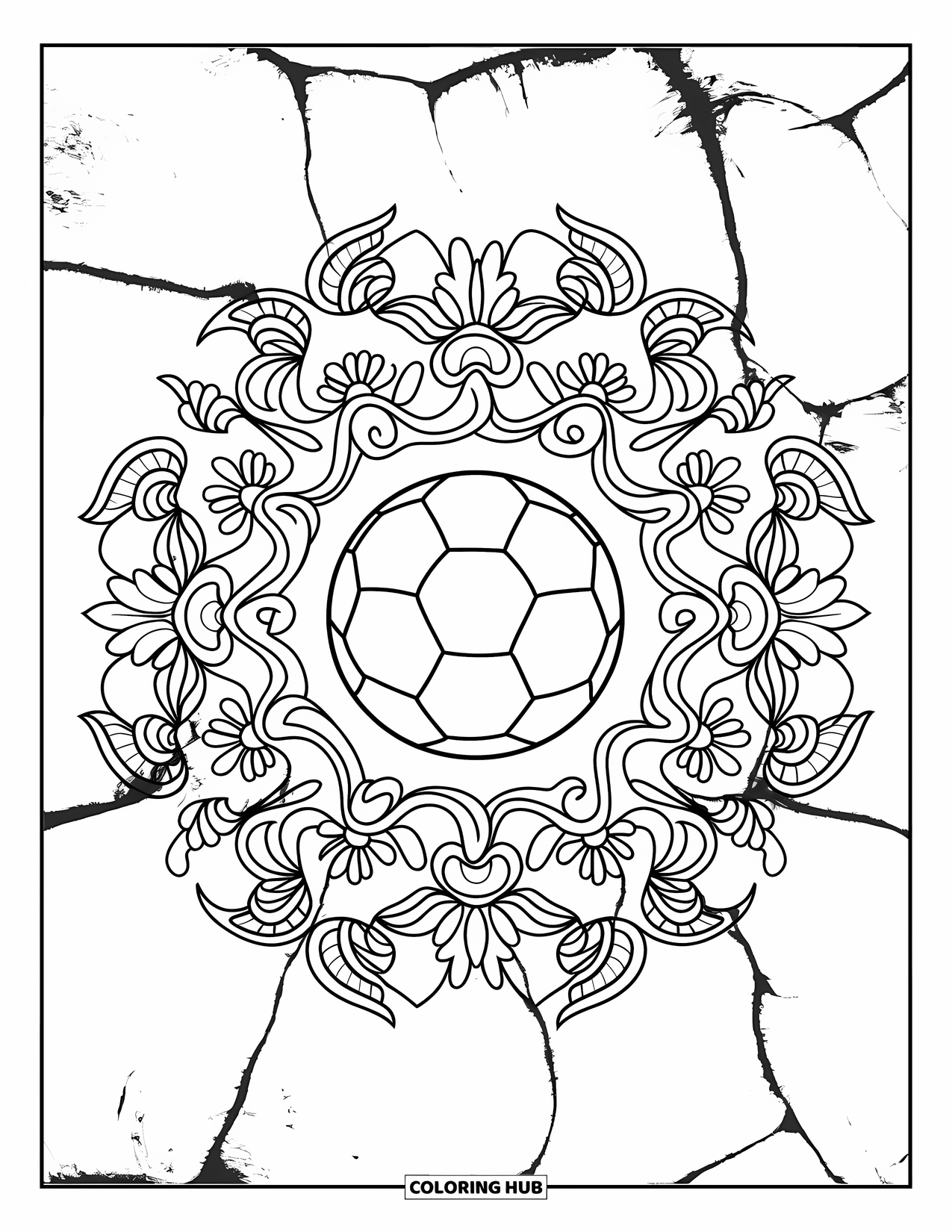Sport Coloring Page for Adults: Soccer ball framed by intricate floral mandala design