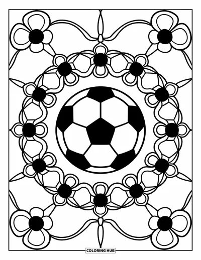 Coloriage de sport pour adultes : Un ballon de football avec un mandala floral à six pétales