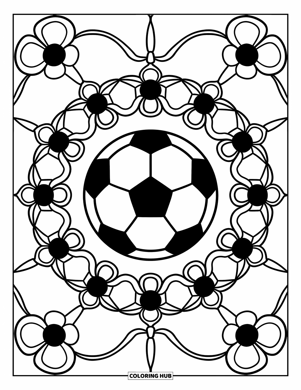 Sport Coloring Page for Adults: Soccer ball with floral mandala of six-petal flowers