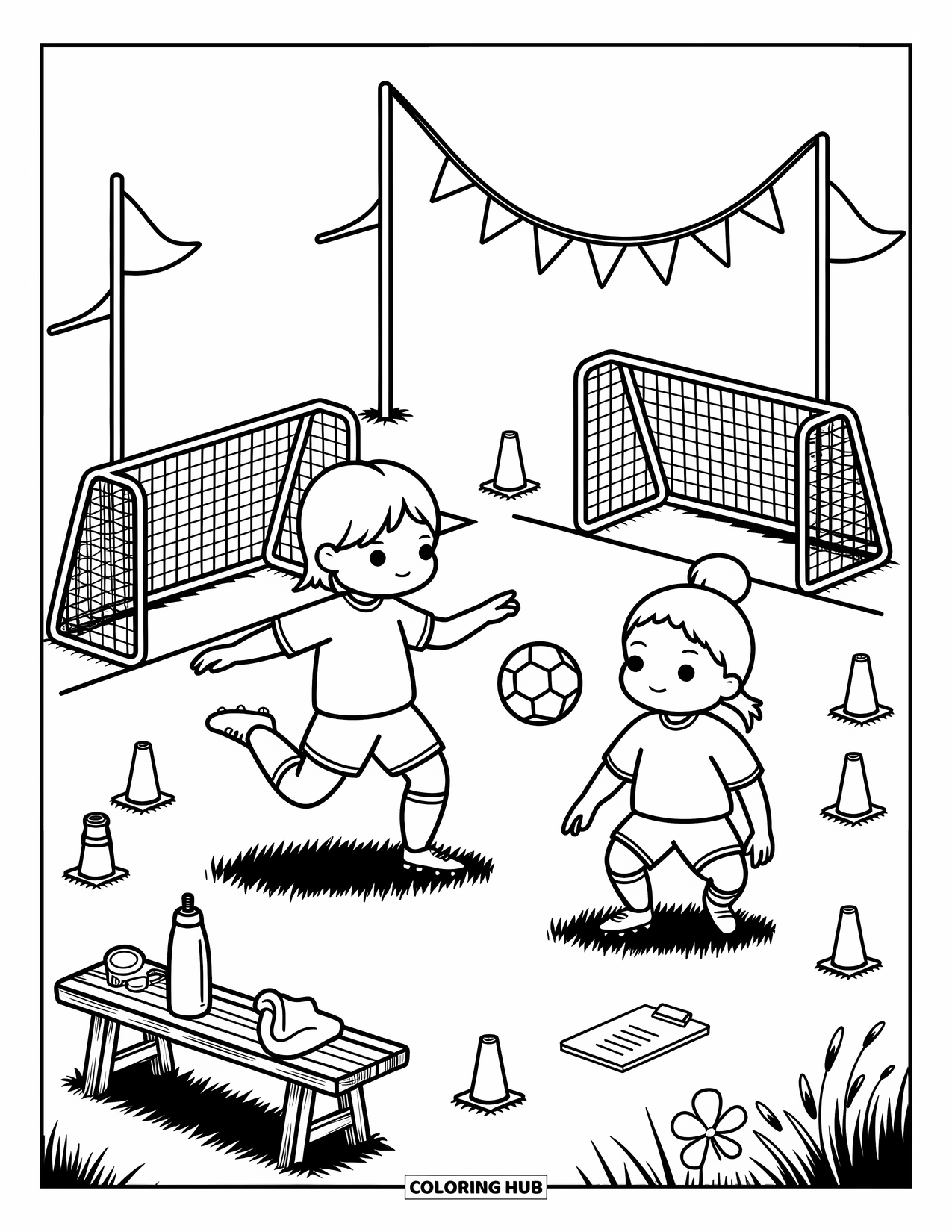 Sport Coloring Page for Adults: Soccer field with kicking player and fluttering flags