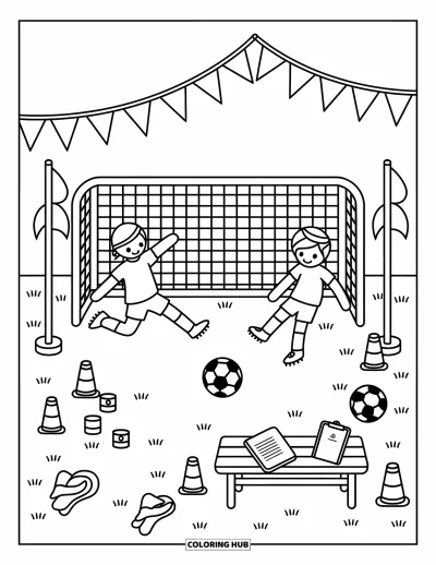 Coloriage de sport pour adultes : Un joueur de football tire pendant qu'un défenseur protège le filet
