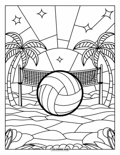 Coloriage de sport pour adultes : Un court de plage en vitrail avec un ballon de volleyball et des palmiers
