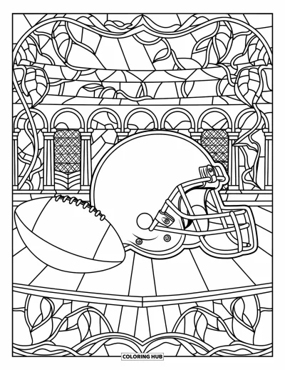 Coloriage de sport pour adultes : Un vitrail de stade avec un casque et un ballon de football américain