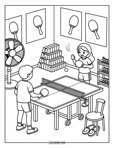 Coloriage de sport pour adultes : Un match de tennis de table avec la balle figée en plein mouvement
