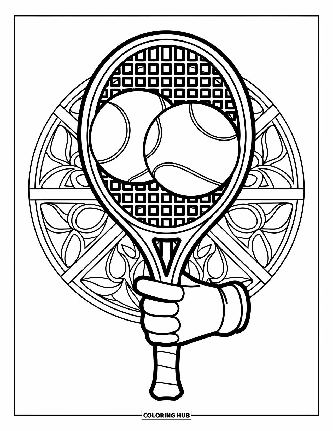 Sport Coloring Page for Adults: Tennis racket and balls framed by floral stained glass
