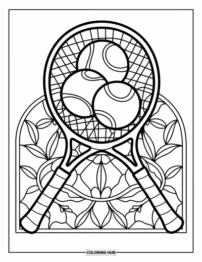 Coloriage de sport pour adultes : Une raquette de tennis et des balles croisées avec un vitrail floral