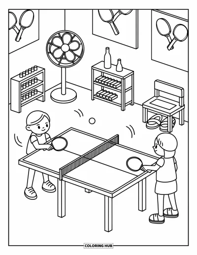 Coloriage de sport pour adultes : Deux joueurs s'affrontent dans une partie de ping-pong animée