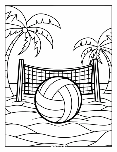 Coloriage de sport pour adultes : Un ballon de volleyball dans un vitrail représentant un court de plage