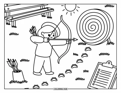 Coloriage de sport pour adultes : Un jeune archer vise une cible près d'un banc en bois