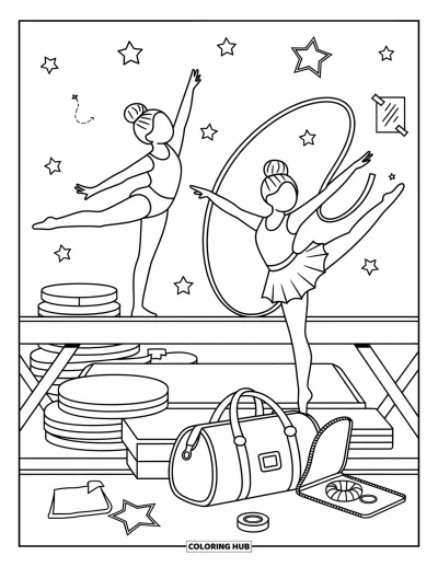 Coloriage de sport pour adultes : Une jeune gymnaste sur la poutre avec une danseuse au ruban à côté