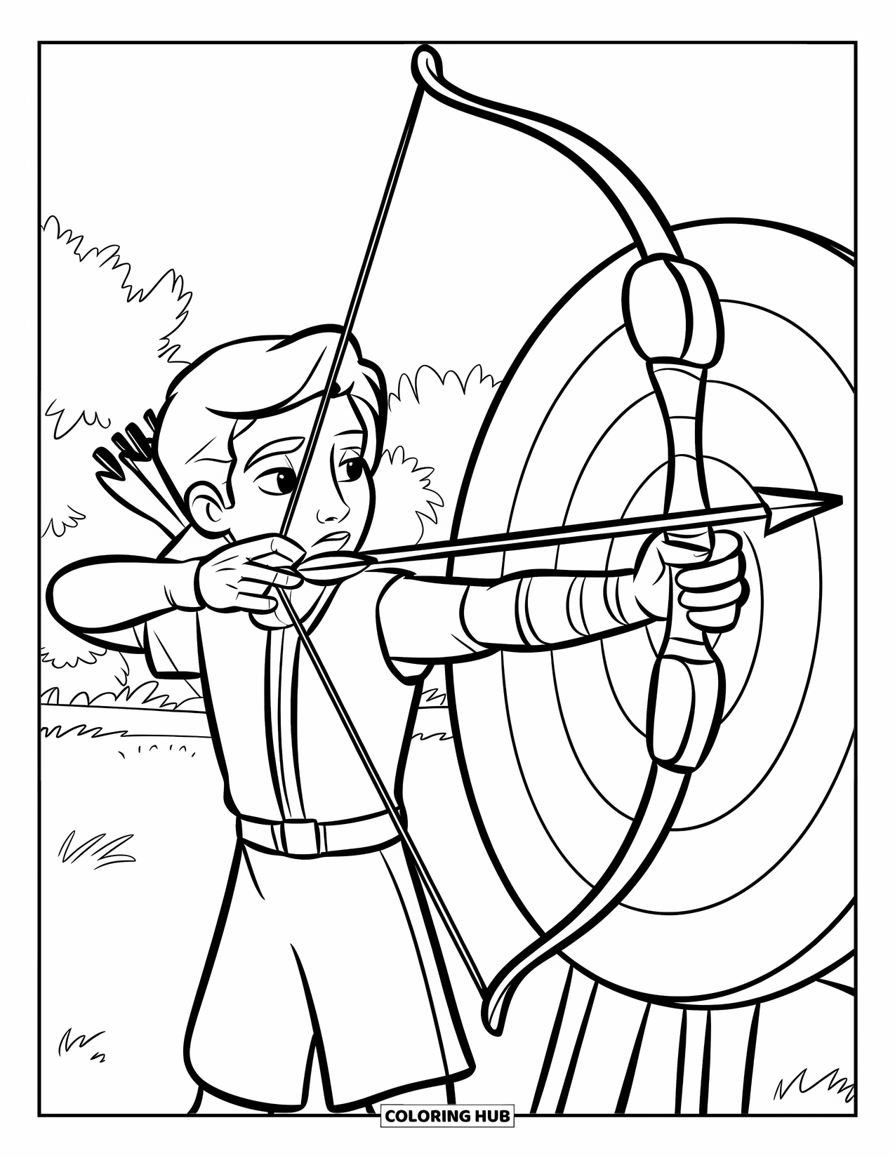 Sport Coloring Page for Kids: Archer takes aim at a bullseye in a field