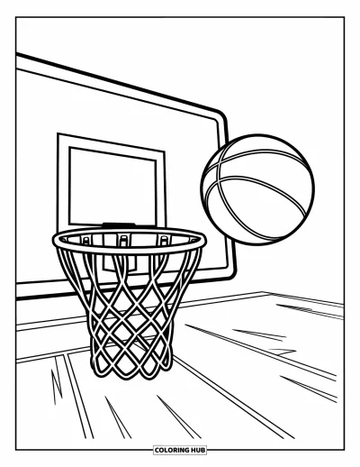 Coloriage de sport pour enfants : Un ballon s'envole vers un panier sur un court dégagé