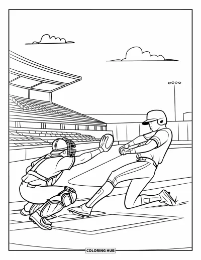 Coloriage de sport pour enfants : Un match de baseball avec un coureur qui glisse et un receveur qui s'étire