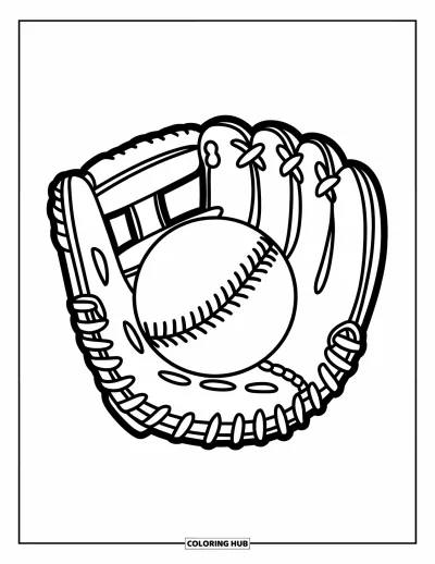 Coloriage de sport pour enfants : Un gant de baseball tient une balle sur un sol blanc
