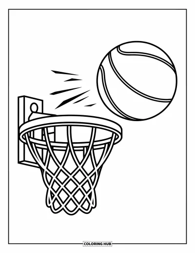 Coloriage de sport pour enfants : Un ballon de basket s'élance vers un panier fixé au mur