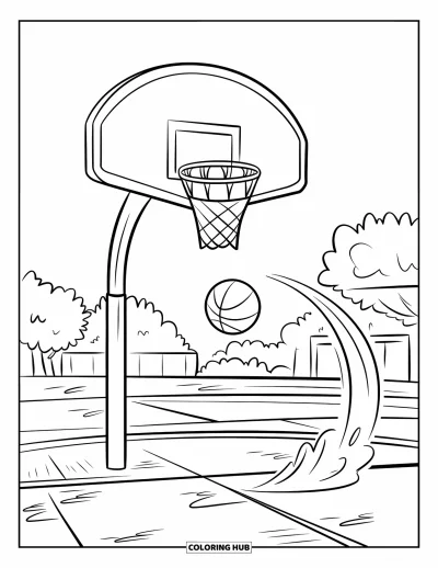Coloriage de sport pour enfants : Un ballon de basket file vers le panier avec une traînée fumée