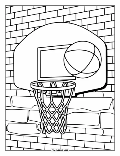 Coloriage de sport pour enfants : Un ballon de basket en plein vol près d'un panier sur mur de briques