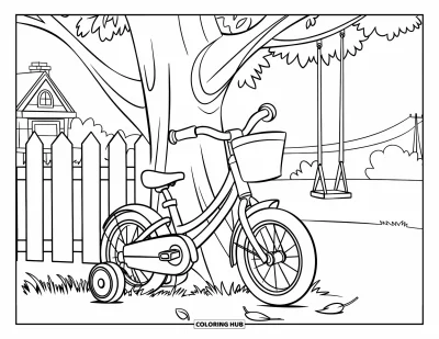 Coloriage de sport pour enfants : Un vélo avec un panier et un arbre à balançoire près d'une maison