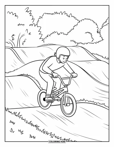 Coloriage de sport pour enfants : Un rider BMX en maillot rouge s'envole au-dessus d'une rampe en terre
