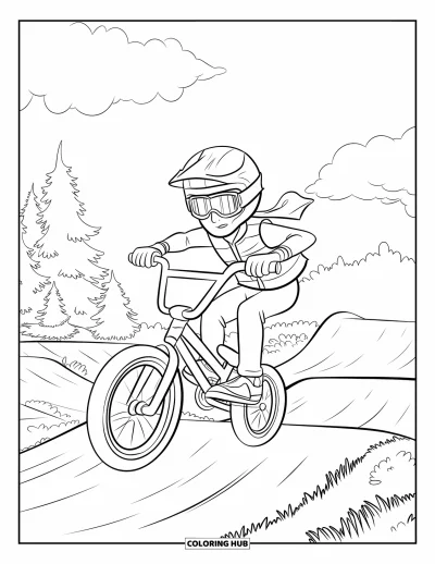 Coloriage de sport pour enfants : Un rider BMX saute haut sur un parcours en terre dans une forêt