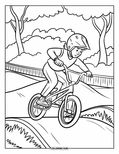 Coloriage de sport pour enfants : Un rider BMX saute sur une piste en terre