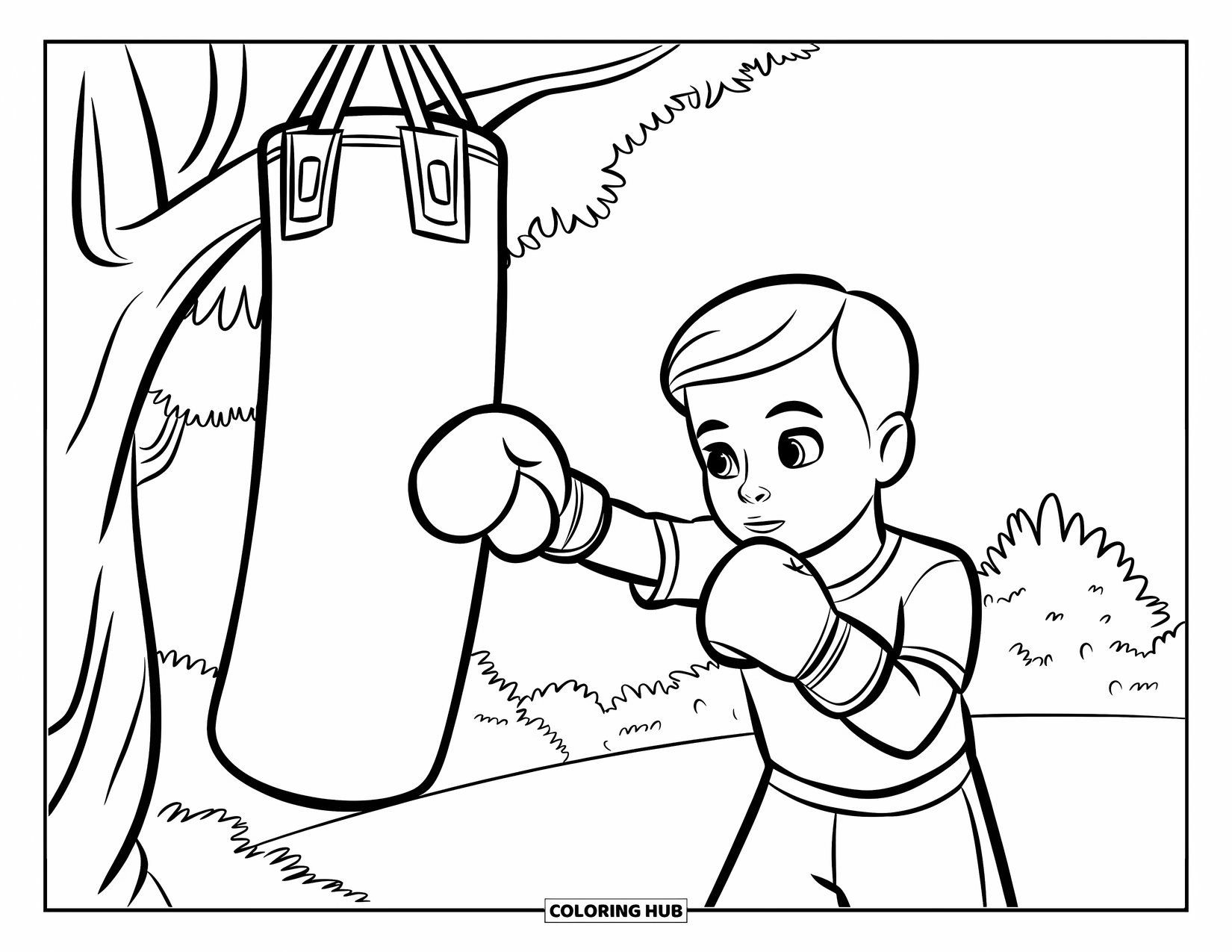 Sport Coloring Page for Kids: Child punches a bag tied to a tree branch