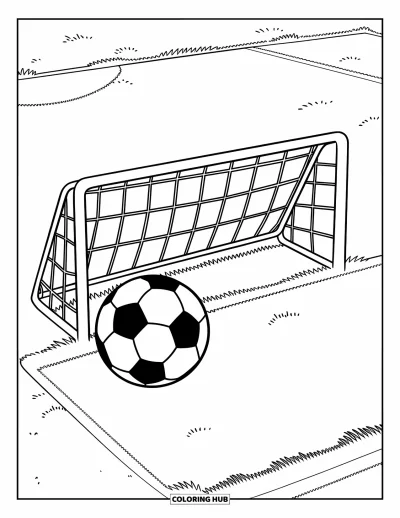Coloriage de sport pour enfants : Un ballon de football classique posé près d'un but simple