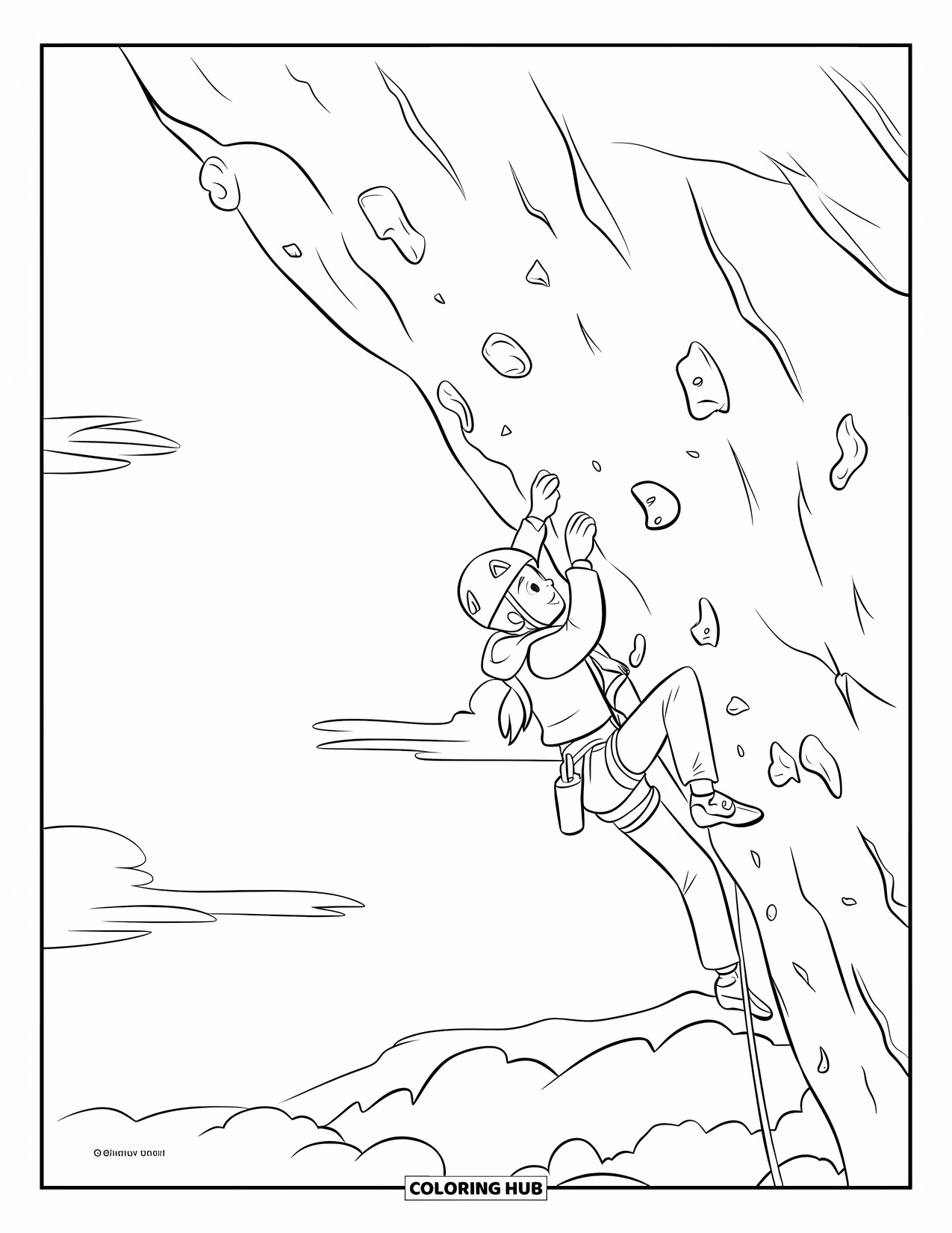 Sport Coloring Page for Kids: Climber in red jacket approaches the top with rope