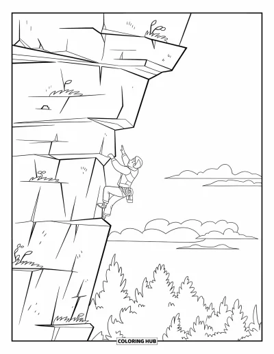 Coloriage de sport pour enfants : Un grimpeur escalade une paroi rocheuse irrégulière sous un ciel clair