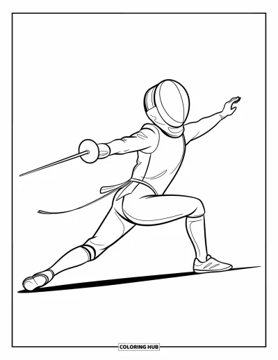 Coloriage de sport pour enfants : Un escrimeur se fend en avant dans une attaque vigoureuse