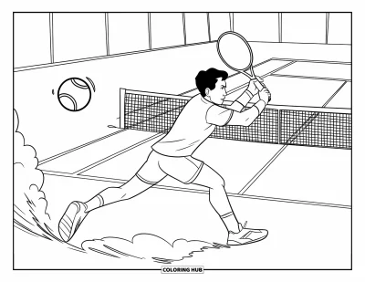 Coloriage de sport pour enfants : Un joueur de tennis concentré effectue un revers