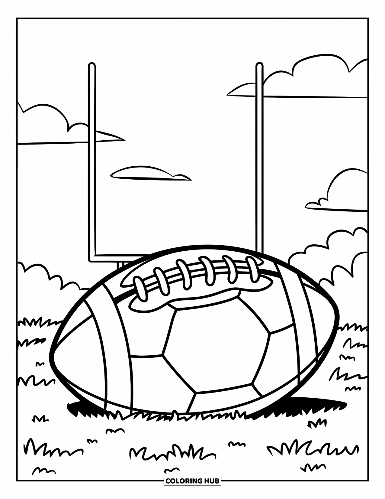 Sport Coloring Page for Kids: Football on grassy field under cloudy sky