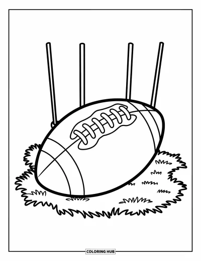 Coloriage de sport pour enfants : Un ballon de rugby repose sur un carré d'herbe avec des poteaux en arrière-plan