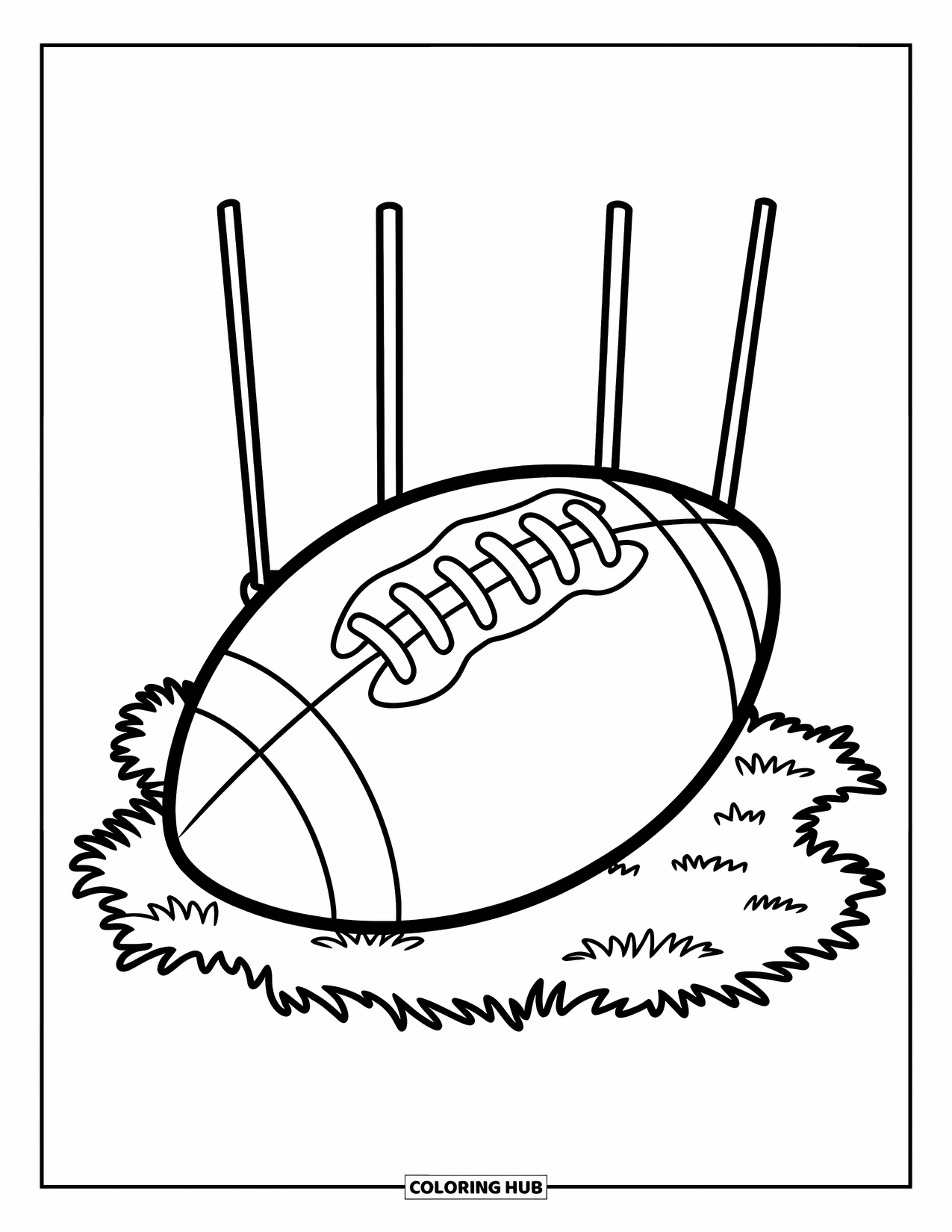 Sport Coloring Page for Kids: Football rests on grass patch with goalposts behind